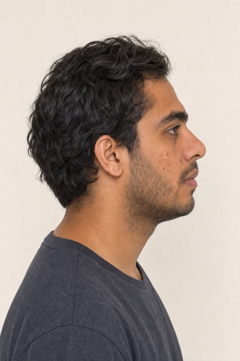 Fotografia clínica de perfil com linhas de medição antropométrica